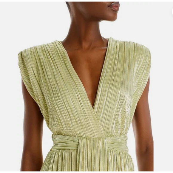 NWT $380 Sabina Musayev Margo Pleated V-Neck Midi Cocktail Dress Green - Size L - Picture 3 of 12